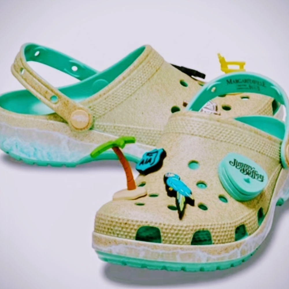 NWT Margaritaville Crocs - Tan and Aqua